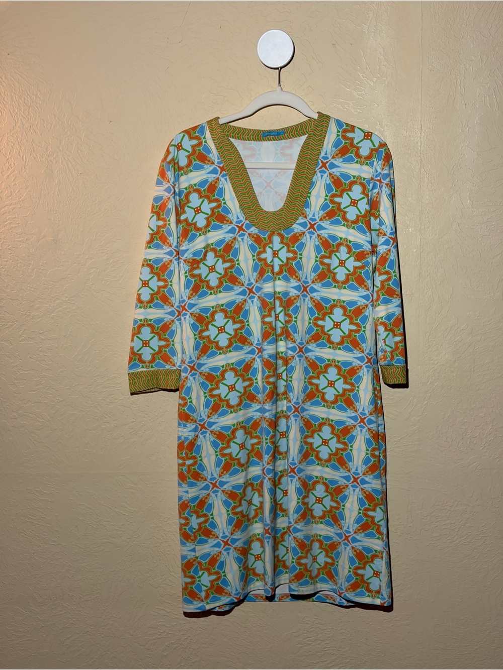 J. Mclaughlin Lightweight V-Neck Midi Dress in Blue & Orange Geometric Print